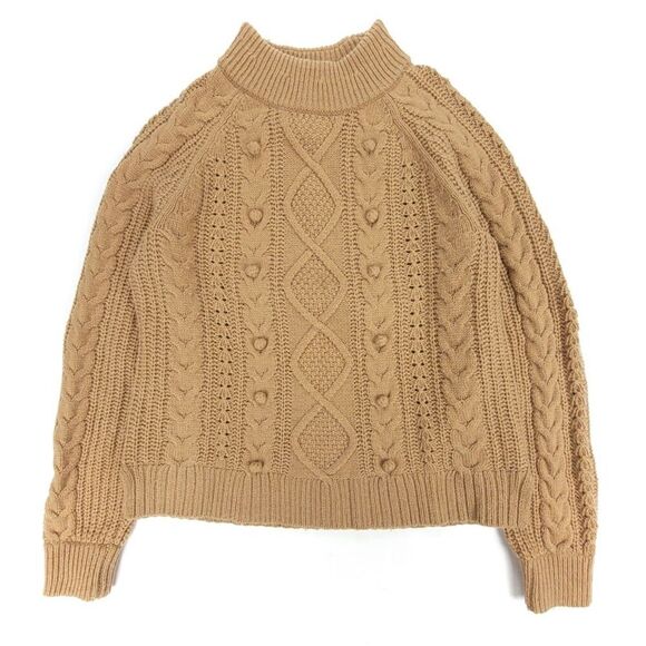 J. Crew Sweaters - J CREW Lambs Wool Azra Cable Knit Pom Pom Mock Neck Rib Sweater Small Tan Camel